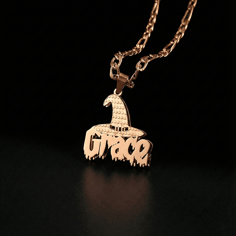 Personalized Name Witch Hat Necklace in Rose Gold