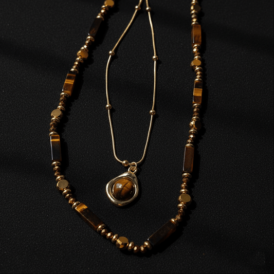 Astralee Jewelry Tiger's Eye Stone Necklace with brown beaded chain and pendant
