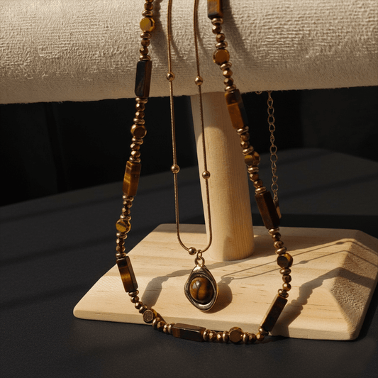 Astralee Jewelry Tiger's Eye Stone Necklace with brown beaded chain and pendant