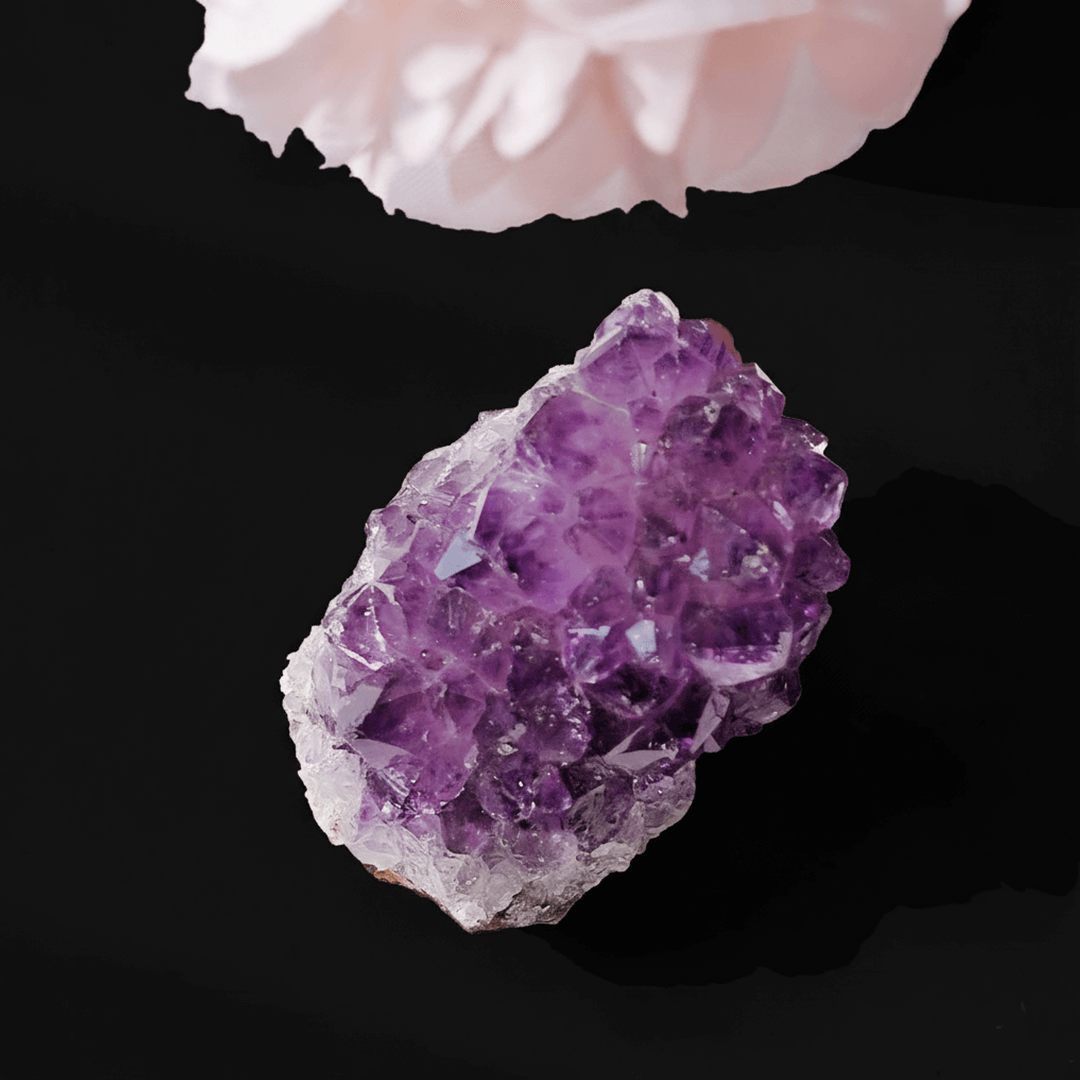 Astralee Jewelry Raw Amethyst Cluster with a pink flower
