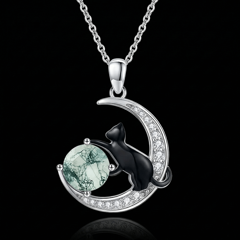 moss agate necklace with night cat