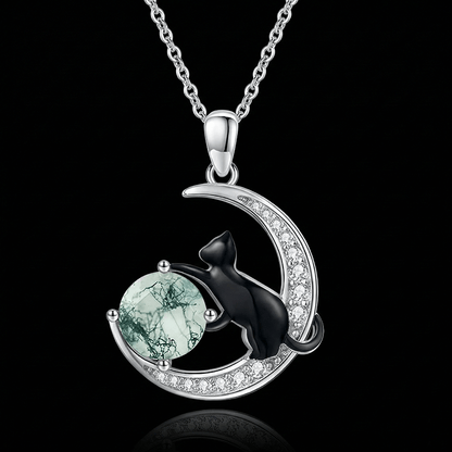 moss agate necklace with night cat