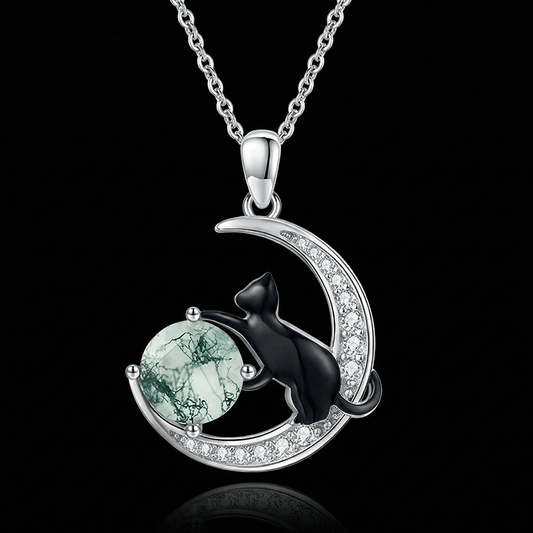 moss agate necklace with night cat