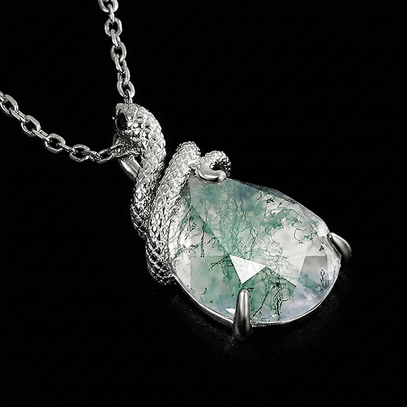 Moss Agate Pendant Necklace with Snake