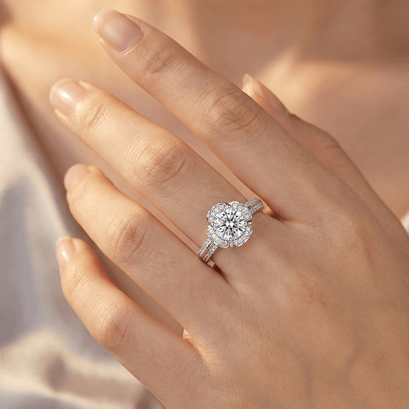 Adjustable Moissanite Flower Engagement Ring in Silver