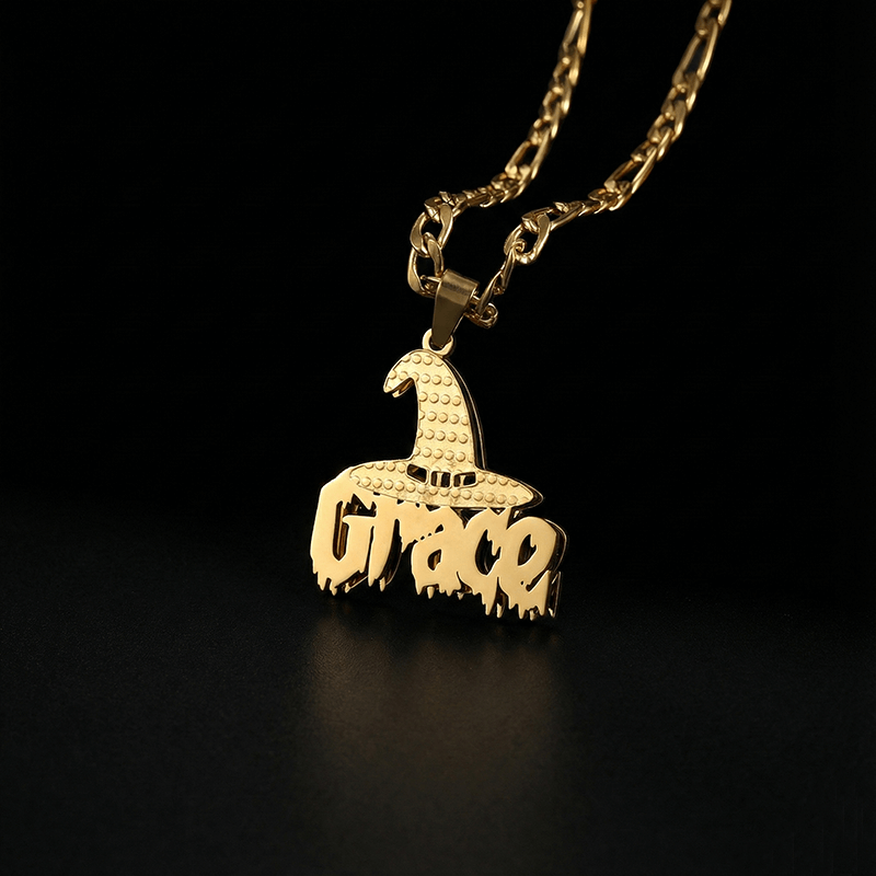 Personalized Name Witch Hat Necklace in Gold