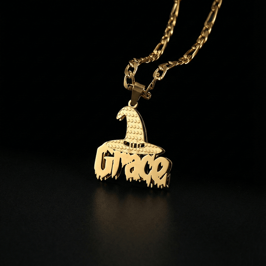 Personalized Name Witch Hat Necklace in Gold