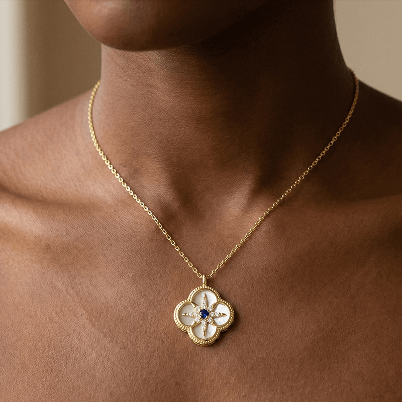gold four leaf clover necklace of Astralee Jewelry