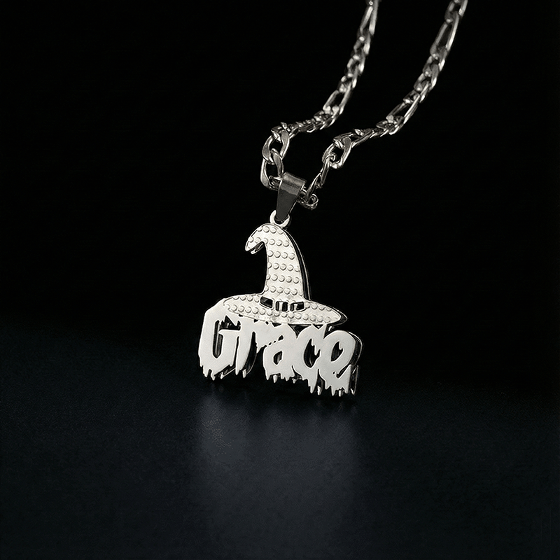 Personalized Name Witch Hat Necklace in Silver