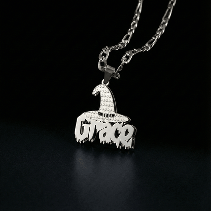 Personalized Name Witch Hat Necklace in Silver