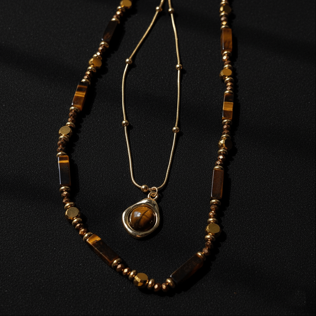 Astralee Jewelry Tiger's Eye Stone Necklace with brown beaded chain and pendant