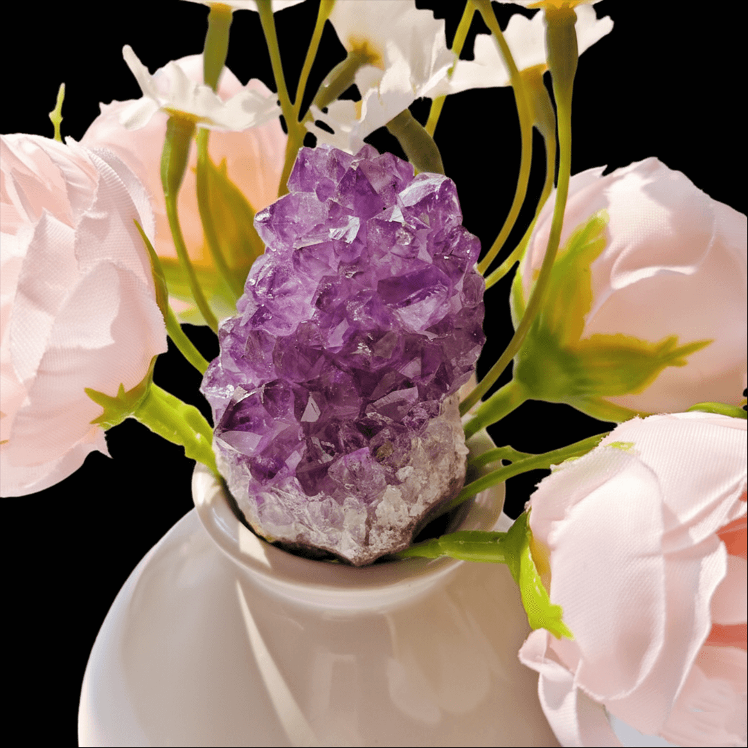 Astralee Jewelry Raw Amethyst Cluster with pink flowers